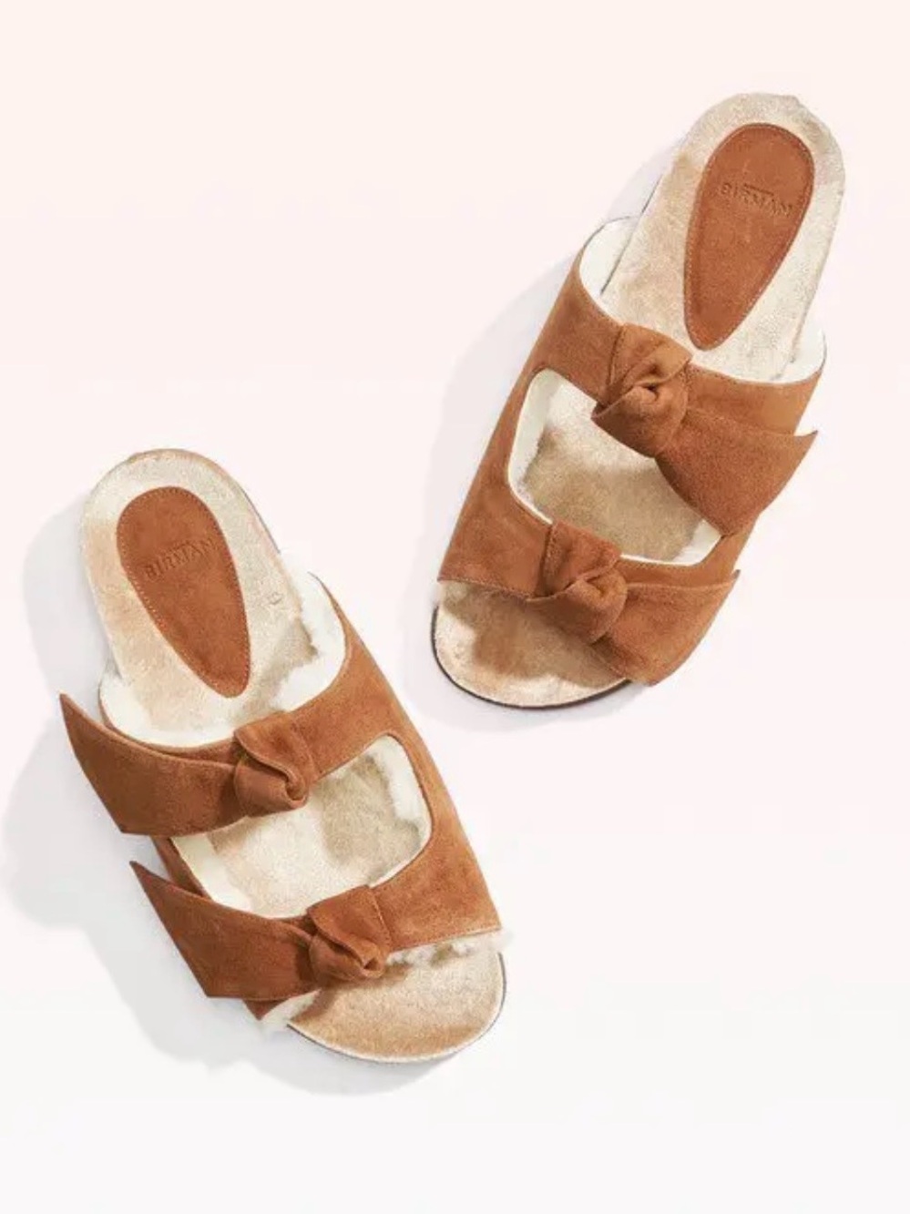 Alexandre Birman Clarita shearling Suede Knot Double-Strap Slides - Tan walnut